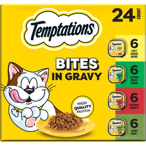 Temptations Chicken, Seafood, Backyard Cookout & Catnip Variety Pack Bites in Gravy Adult Wet Cat Food, 3.5-oz tray, case of 24
