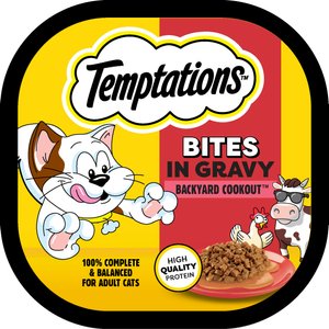 Temptations Backyard Cookout Flavor Bites in Gravy Adult Wet Cat Food, 3.5-oz tray, case of 24