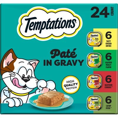 Temptations Temptations Chicken, Seafood & Backyard Cookout Variety Pack Pate in Gravy Adult Wet Cat Food, 3.5-oz tray, case of 24