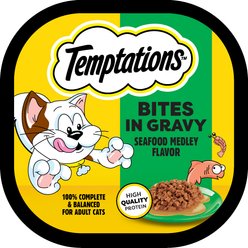 Temptations Seafood Medley Flavor Bites in Gravy Wet Cat Food, 3.5-oz tray, case of 24