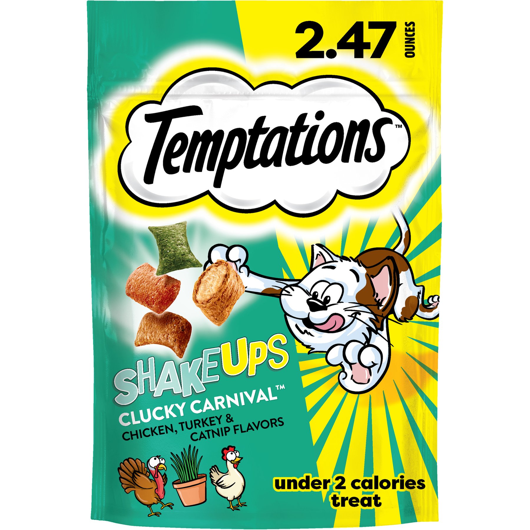 Temptations ShakeUps Clucky Carnival Chicken, Turkey & Catnip Flavor Soft & Crunchy Cat Treats, 2.47-oz bag