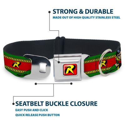 Show full view: Buckle-Down DC Comics Robin Action Pose Logo Stripe Dog Collar, Large: 15 to 24-in neck, 1-in wide slide 4 of 8