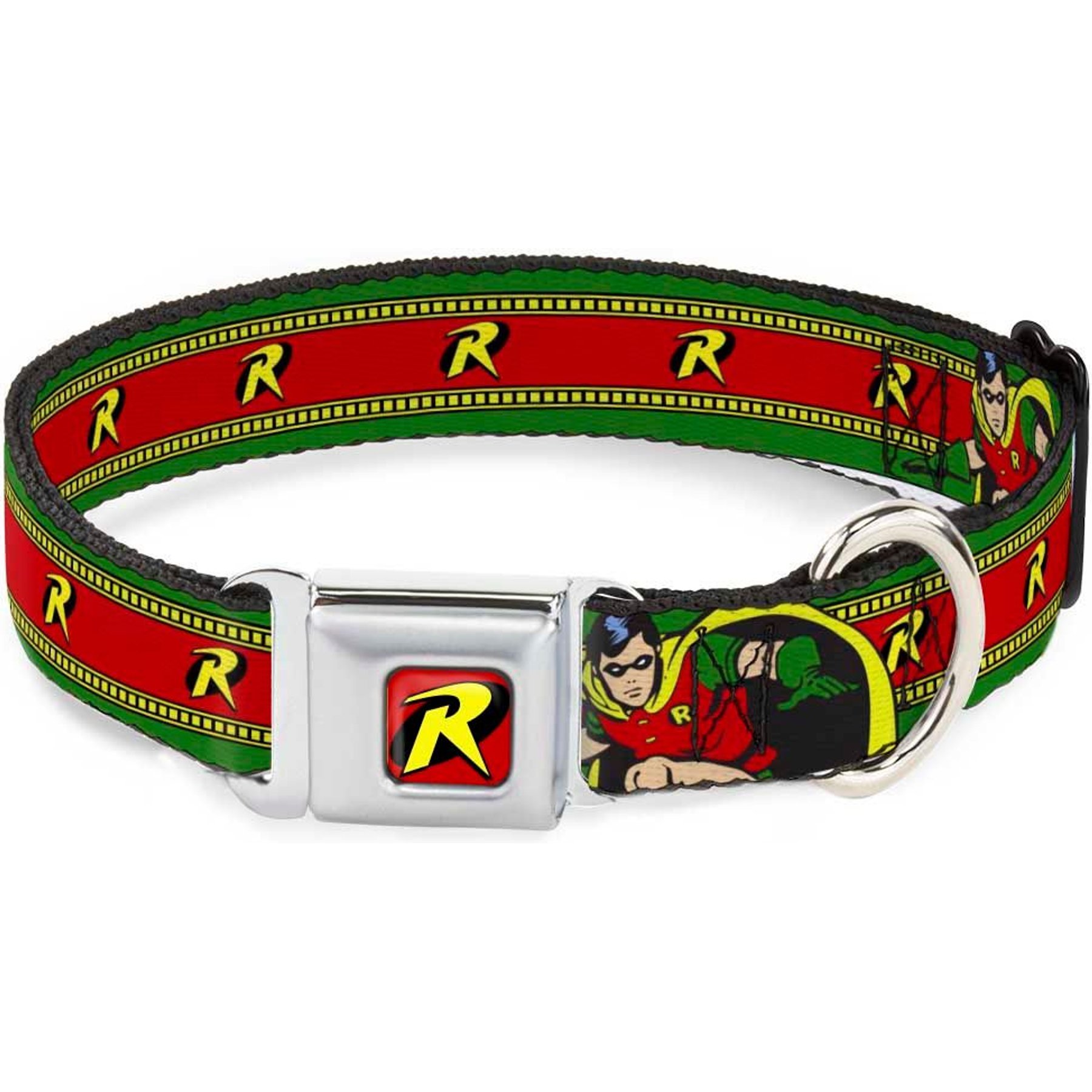 Buckle-Down DC Comics Robin Action Pose Logo Stripe Dog Collar, Medium: 16 to 23-in neck, 1.5-in wide