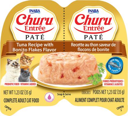 Show full view: Inaba Churu Entrée Tuna Recipe with Bonito Flakes Flavor Grain-Free, High Moisture Pate Wet Cat Food, 2.46-oz twin cups, 12 servings slide 4 of 10