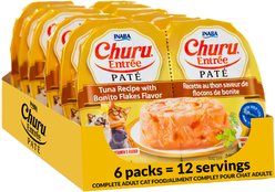 Inaba Churu Entrée Tuna Recipe with Bonito Flakes Flavor Grain-Free, High Moisture Pate Wet Cat Food, 2.46-oz twin cups, 12 servings
