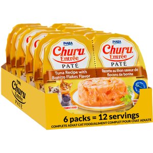 Inaba Churu Entrée Tuna Recipe with Bonito Flakes Flavor Grain-Free, High Moisture Pate Wet Cat Food, 2.46-oz twin cups, 12 servings