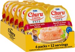 Inaba Churu Entrée Tuna Recipe with Salmon Grain-Free, High Moisture Pate Wet Cat Food, 2.46-oz twin cups, 12 servings