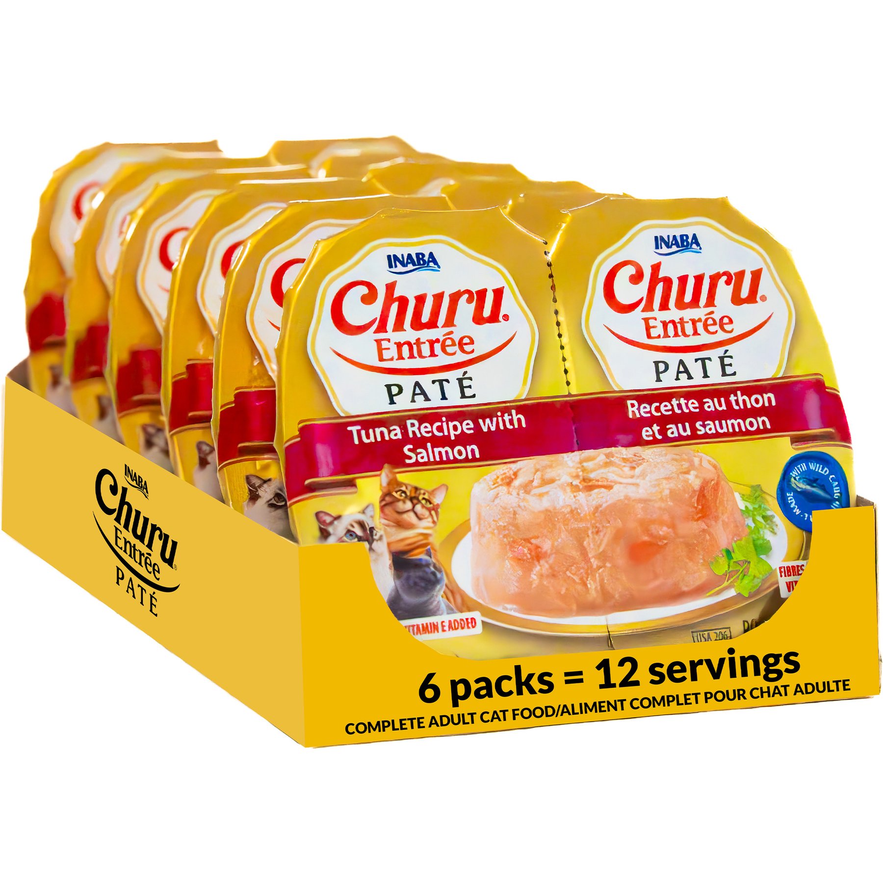 Inaba Churu Entrée Tuna Recipe with Salmon Grain-Free, High Moisture Pate Wet Cat Food, 2.46-oz twin cup, case of 6