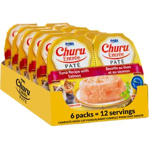 Inaba Churu Entrée Tuna Recipe with Salmon Grain-Free, High Moisture Pate Wet Cat Food, 2.46-oz twin cups, 12 servings