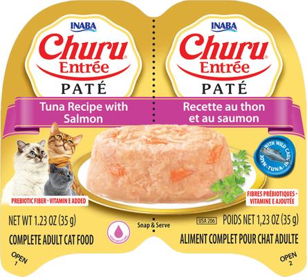 Show full view: Inaba Churu Entrée Tuna Recipe with Salmon Grain-Free, High Moisture Pate Wet Cat Food, 2.46-oz twin cups, 12 servings slide 3 of 11