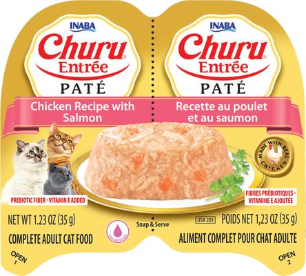 Show full view: Inaba Churu Entrée Chicken Recipe with Salmon Pate Grain-Free, High Moisture Pate Wet Cat Food, 2.46-oz twin cups, 12 servings slide 4 of 10