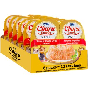 Inaba Churu Entrée Chicken Recipe with Salmon Pate Grain-Free, High Moisture Pate Wet Cat Food, 2.46-oz twin cups, 12 servings