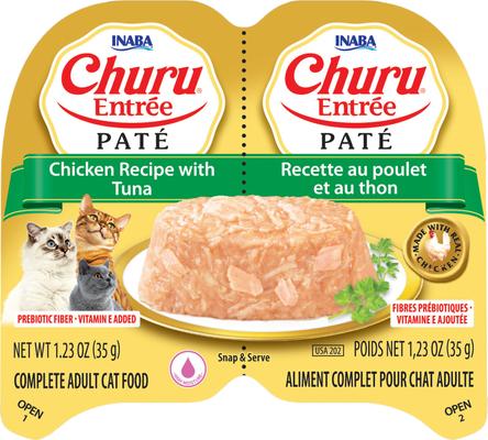 Show full view: Inaba Churu Entrée Chicken Recipe with Tuna Grain-Free, High Moisture Pate Wet Cat Food, 2.46-oz twin cups, 12 servings slide 4 of 10