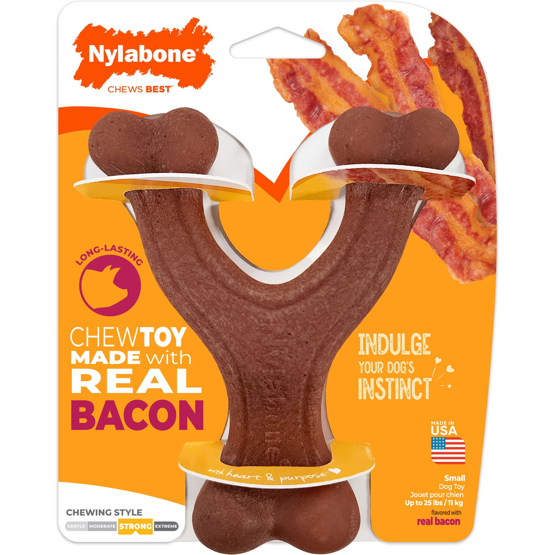 Nylabone Strong Chew Wishbone Real Bacon Dog Chew Toy, Small