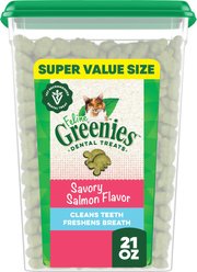 Greenies Feline Savory Salmon Flavor Adult Natural Dental Cat Treats, 21-oz tub