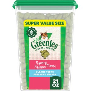 Greenies Feline Savory Salmon Flavor Adult Natural Dental Cat Treats, 21-oz tub