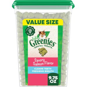 Greenies Feline Savory Salmon Flavor Adult Natural Dental Cat Treats, 9.75-oz tub