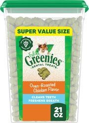 Greenies Feline Oven Roasted Chicken Flavor Adult Natural Dental Cat Treats, 21-oz tub