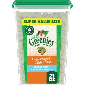 Greenies Feline Oven Roasted Chicken Flavor Adult Natural Dental Cat Treats, 21-oz tub