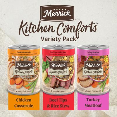 Show full view: Merrick Kitchen Comforts Real Meat & Brown Rice with Grains Variety Pack Wet Dog Food, 12.7-oz can, case of 12 slide 6 of 11