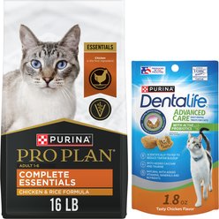 Purina Pro Plan Adult Chicken & Rice Formula Dry Cat Food, 16-lb bag + DentaLife Tasty Chicken Flavor Dental Cat Treats, 1.8-oz bag
