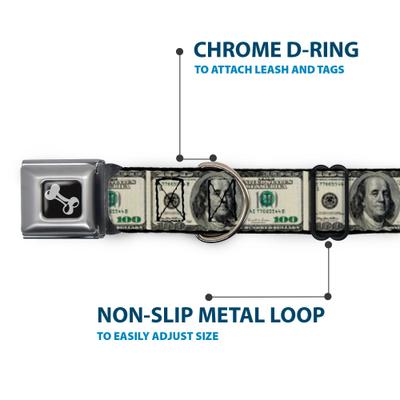 Show full view: Buckle-Down 100 Dollar Bills Dog Collar, Small: 9.5 to 13-in neck, 1-in wide slide 5 of 8