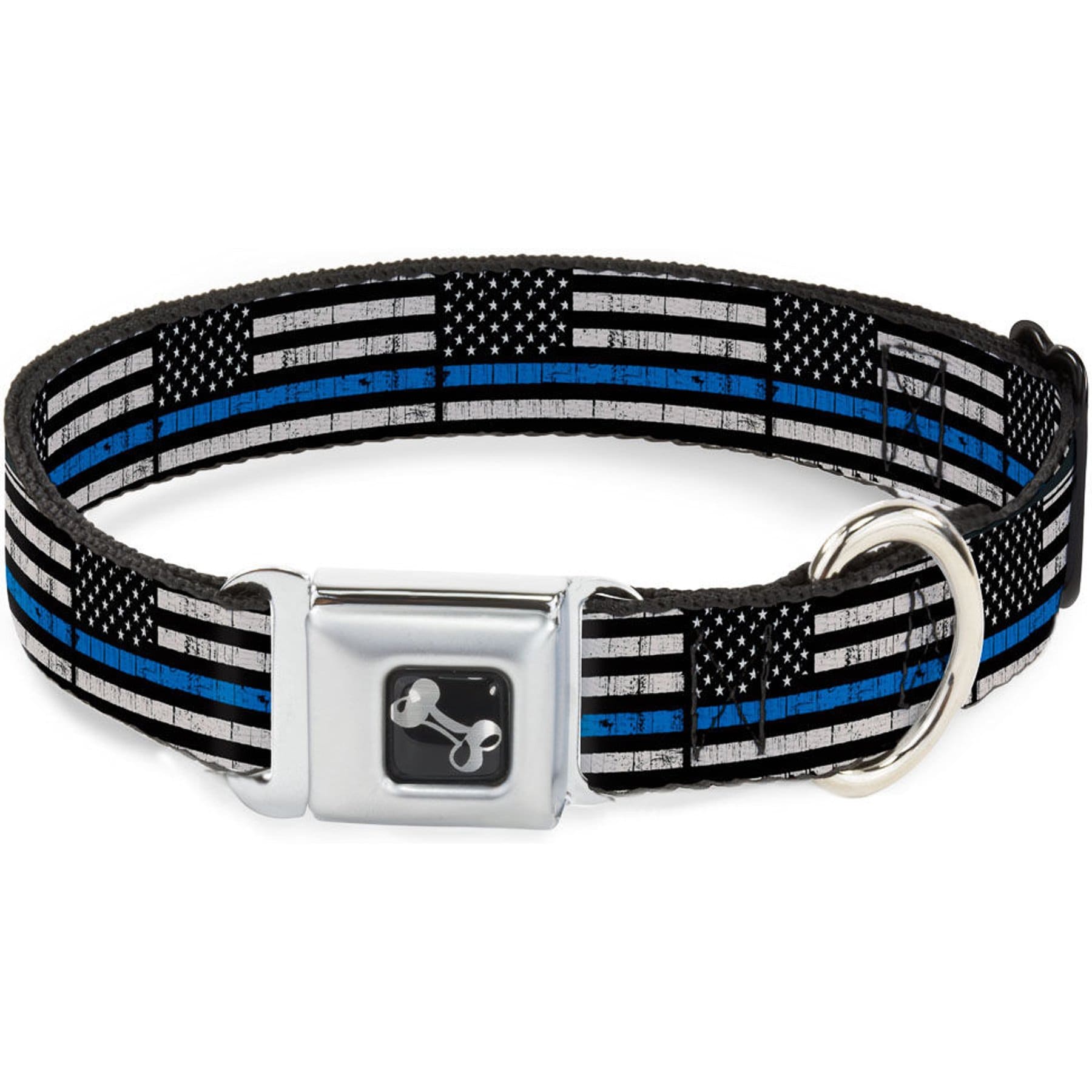 Buckle-Down Thin Blue Line Flag Weathered Dog Collar, Medium: 16 to 23-in neck, 1.5-in wide