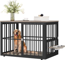 Yitahome Corner Wooden Kennel with Bowls & 3 Doors Hard-Sided Dog Crate Furniture, Large: 38.8 x 25.2 x 27.2-in, Brown slide 2 of 7