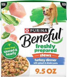 Purina Beneful Freshly Prepared Stews High Protein Turkey Dinner with Spinach & Pasta Chunks in Gravy Wet Dog Food, 9.5-oz carton, 6 count