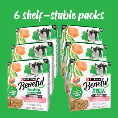 Show full view: Purina Beneful Freshly Prepared High Protein Classics with Salmon, Green Beans & Spinach Chunks in Gravy Wet Dog Food, 9.5-oz carton, 6 count slide 3 of 10