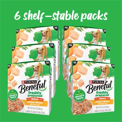 Show full view: Purina Beneful Freshly Prepared Stews High Protein Chicken Dinner with Carrots & Rice Chunks in Gravy Wet Dog Food, 9.5-oz carton, 6 count slide 3 of 10