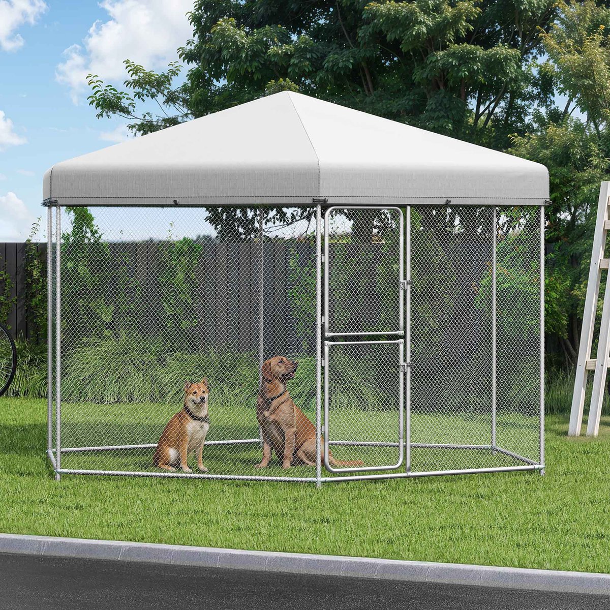 Wooflex Outdoor Kennel Weather-Resistant Roof Cover Square Dog Crate Fence with Dual-Section Doors, Silver, 13 x 11-ft