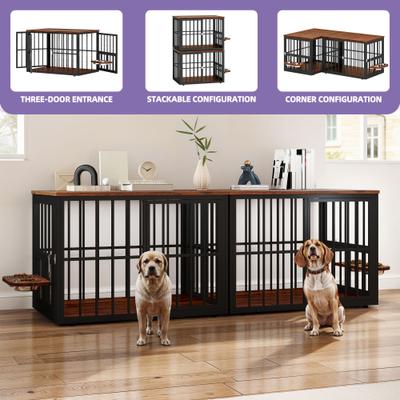 Show full view: Yitahome Corner Wooden Kennel with Bowls & 3 Doors Hard-Sided Dog Crate Furniture, Large: 38.8 x 25.2 x 27.2-in, Brown slide 5 of 7