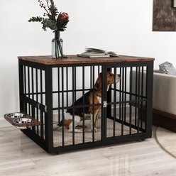 Yitahome Corner Wooden Kennel with Bowls & 3 Doors Hard-Sided Dog Crate Furniture, Large: 38.8 x 25.2 x 27.2-in, Brown