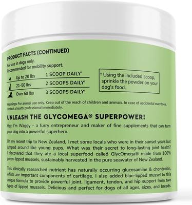 Show full view: Wonder Paws Premium Green Lipped Mussels Powder with Blue Lipped Mussels Hip & Joint Supplement for Dogs, 2.6-oz jar slide 9 of 10
