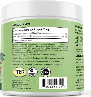 Show full view: Wonder Paws Premium Green Lipped Mussels Powder with Blue Lipped Mussels Hip & Joint Supplement for Dogs, 2.6-oz jar slide 8 of 10