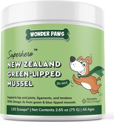 Wonder Paws Premium Green Lipped Mussels Powder with Blue Lipped Mussels Hip & Joint Supplement for Dogs, 2.6-oz jar
