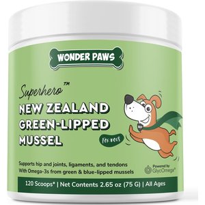 Wonder Paws Premium Green Lipped Mussels Powder with Blue Lipped Mussels Hip & Joint Supplement for Dogs, 2.6-oz jar