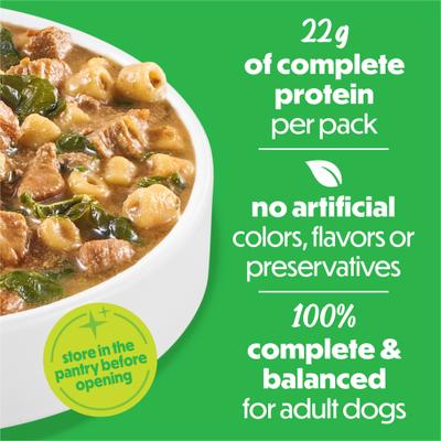 Show full view: Purina Beneful Freshly Prepared Stews High Protein Turkey Dinner with Spinach & Pasta Chunks in Gravy Wet Dog Food, 9.5-oz carton, 6 count slide 5 of 10