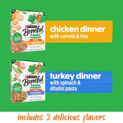 Show full view: Purina Beneful Freshly Prepared Stews Variety Pack High Protein Chicken, Turkey, Pasta, Vegetables & Rice Chunks in Gravy Wet Dog Food, 9.5-oz carton, 6 count slide 6 of 10