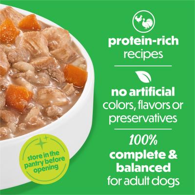 Show full view: Purina Beneful Freshly Prepared Stews Variety Pack High Protein Chicken, Turkey, Pasta, Vegetables & Rice Chunks in Gravy Wet Dog Food, 9.5-oz carton, 6 count slide 4 of 10