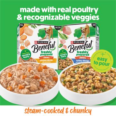 Show full view: Purina Beneful Freshly Prepared Stews Variety Pack High Protein Chicken, Turkey, Pasta, Vegetables & Rice Chunks in Gravy Wet Dog Food, 9.5-oz carton, 6 count slide 3 of 10