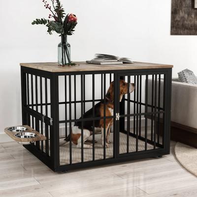 Show full view: Yitahome Corner Wooden Kennel with Bowls & 3 Doors Hard-Sided Dog Crate Furniture, Large: 38.8 x 25.2 x 27.2-in, Grey slide 6 of 7