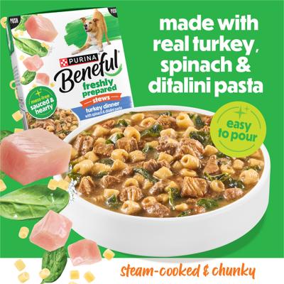 Show full view: Purina Beneful Freshly Prepared Stews High Protein Turkey Dinner with Spinach & Pasta Chunks in Gravy Wet Dog Food, 9.5-oz carton, 6 count slide 4 of 10