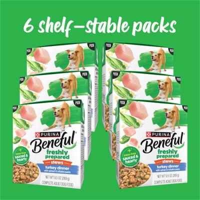 Show full view: Purina Beneful Freshly Prepared Stews High Protein Turkey Dinner with Spinach & Pasta Chunks in Gravy Wet Dog Food, 9.5-oz carton, 6 count slide 3 of 10