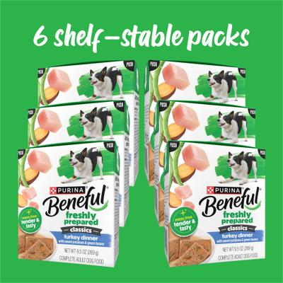 Show full view: Purina Beneful Freshly Prepared High Protein Classics Turkey Dinner with Sweet Potatoes & Green Beans Chunks in Gravy Wet Dog Food, 9.5-oz carton, 6 count slide 3 of 10