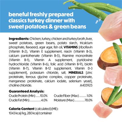Show full view: Purina Beneful Freshly Prepared High Protein Classics Turkey Dinner with Sweet Potatoes & Green Beans Chunks in Gravy Wet Dog Food, 9.5-oz carton, 6 count slide 7 of 10