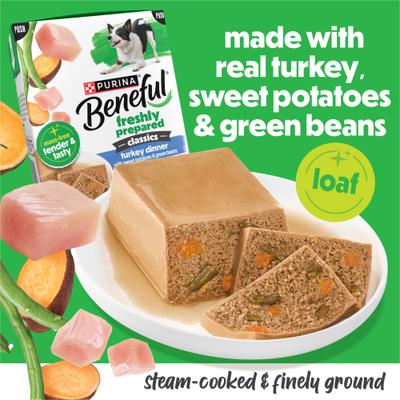 Show full view: Purina Beneful Freshly Prepared High Protein Classics Turkey Dinner with Sweet Potatoes & Green Beans Chunks in Gravy Wet Dog Food, 9.5-oz carton, 6 count slide 4 of 10
