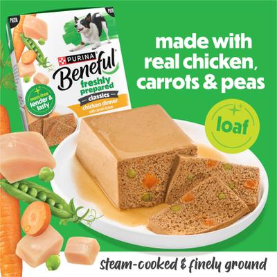 Show full view: Purina Beneful Freshly Prepared High Protein Classics Chicken Dinner with Carrots & Peas Chunks in Gravy Wet Dog Food, 9.5-oz carton, 6 count slide 4 of 10