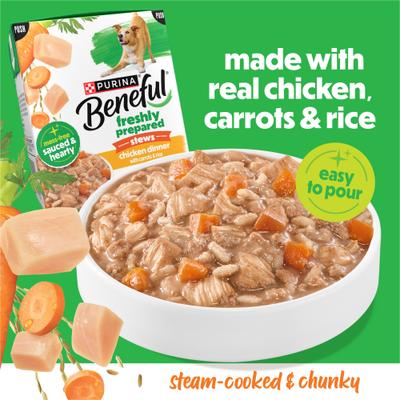 Show full view: Purina Beneful Freshly Prepared Stews High Protein Chicken Dinner with Carrots & Rice Chunks in Gravy Wet Dog Food, 9.5-oz carton, 6 count slide 4 of 10